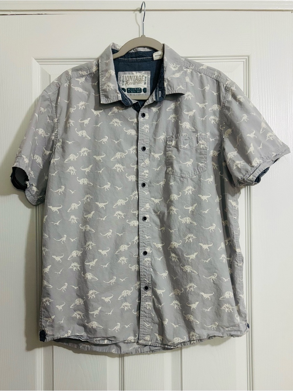Men’s Short-Sleeve Button-Down Shirt in Light Gray Dinosaur Print